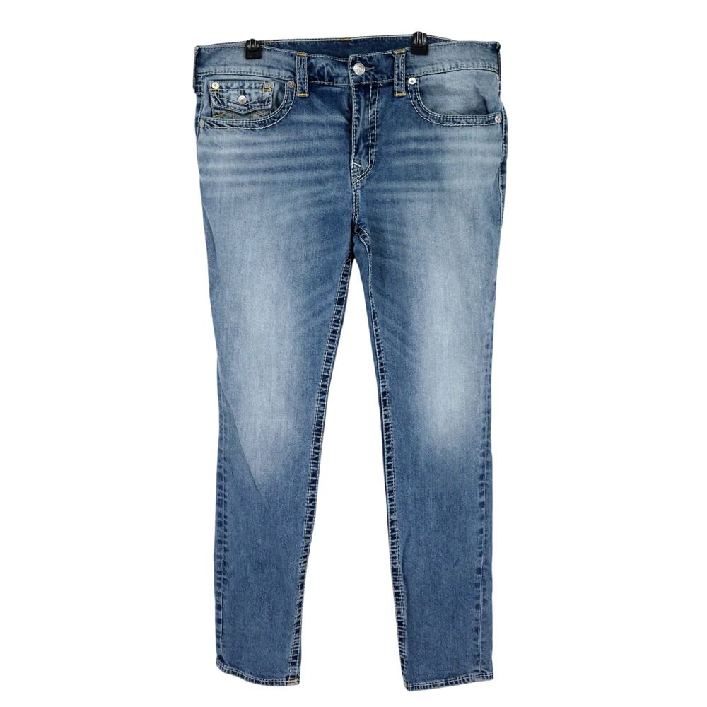 True Religion Jeans Mens 38 x 34 Blue Denim Rocco Relaxed Skinny Flap Pockets